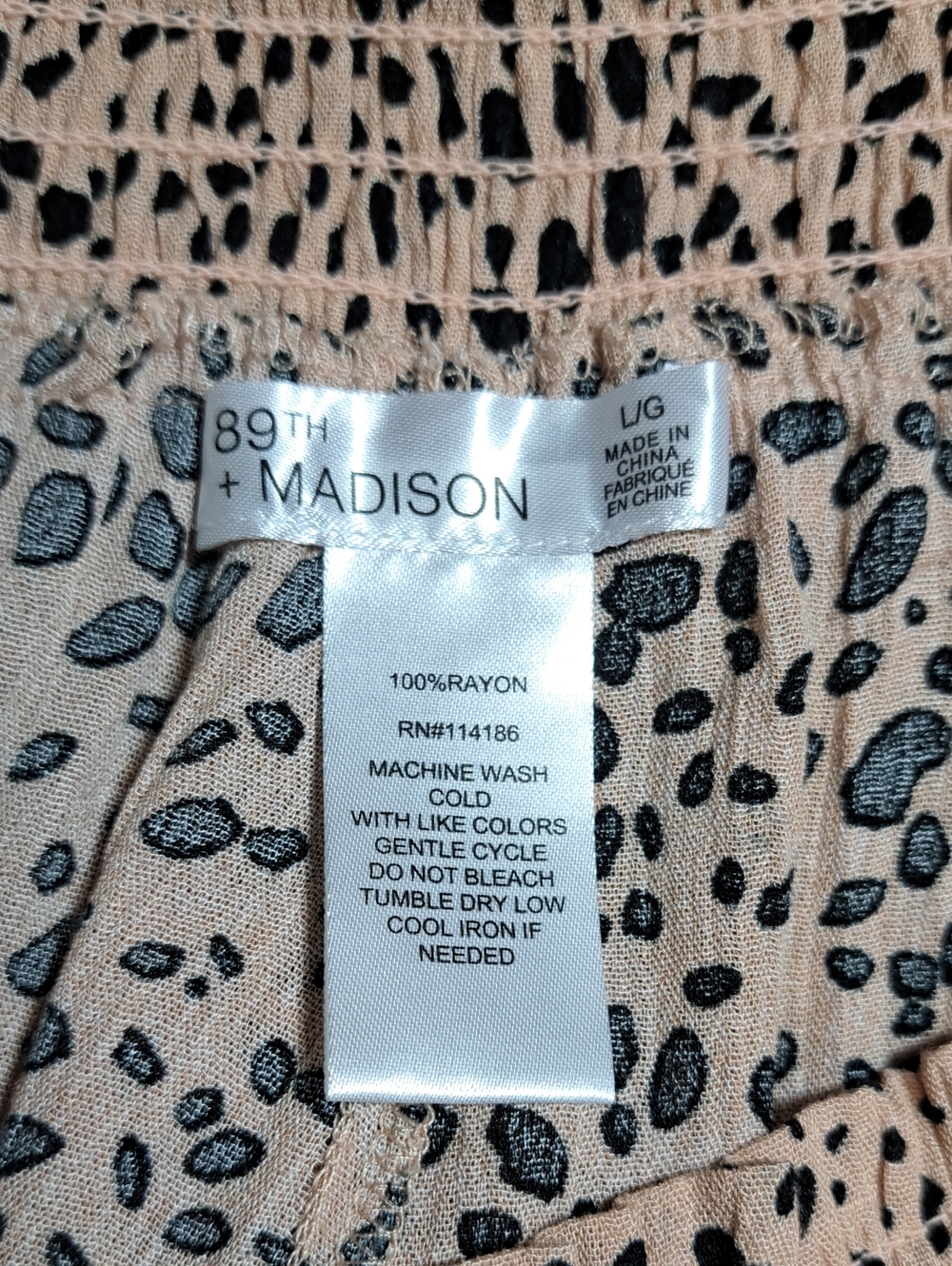 89th & Madison Pants Peachy Beige Black Leopard Print Smock Waist Wide Leg Large - Picture 6 of 11